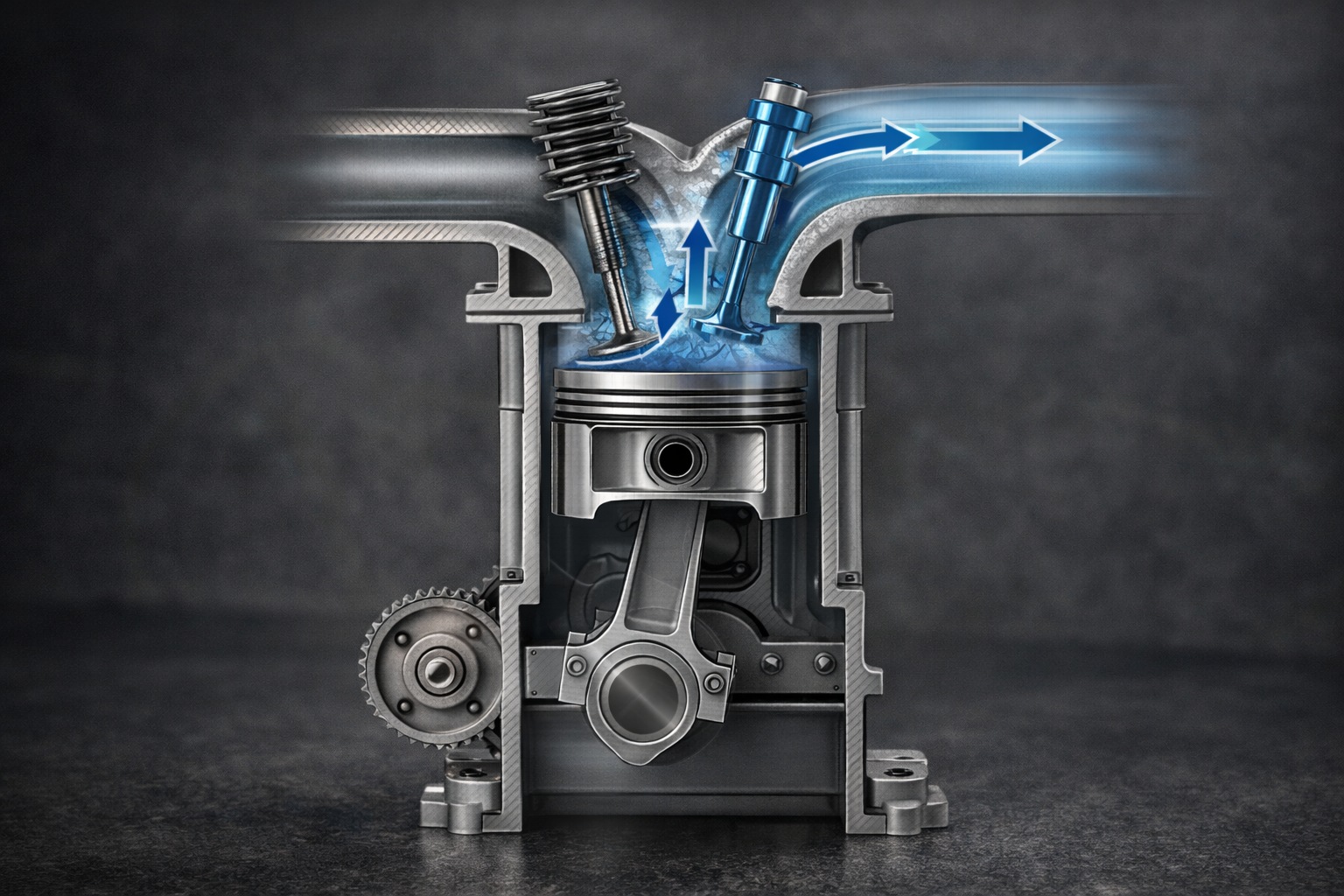 Cutaway illustration of a four-stroke internal combustion engine cylinder showing the intake stroke, with the intake valve open and air-fuel mixture flowing into the chamber.
