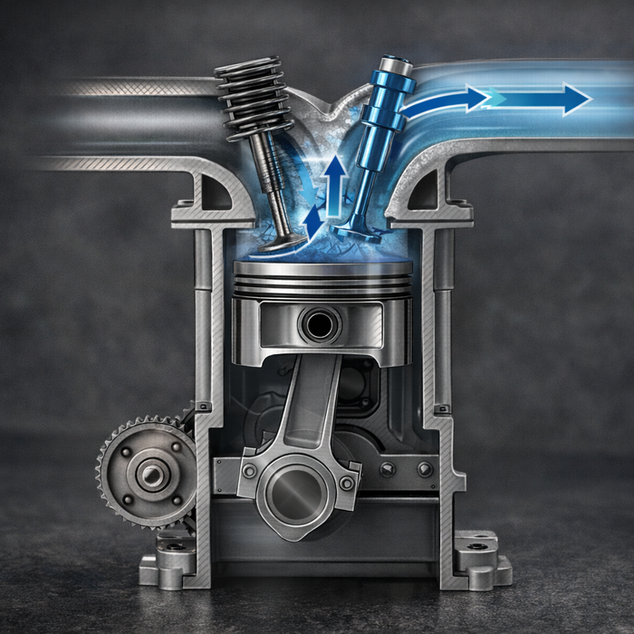 Cutaway illustration of a four-stroke internal combustion engine cylinder showing the intake stroke, with the intake valve open and air-fuel mixture flowing into the chamber.