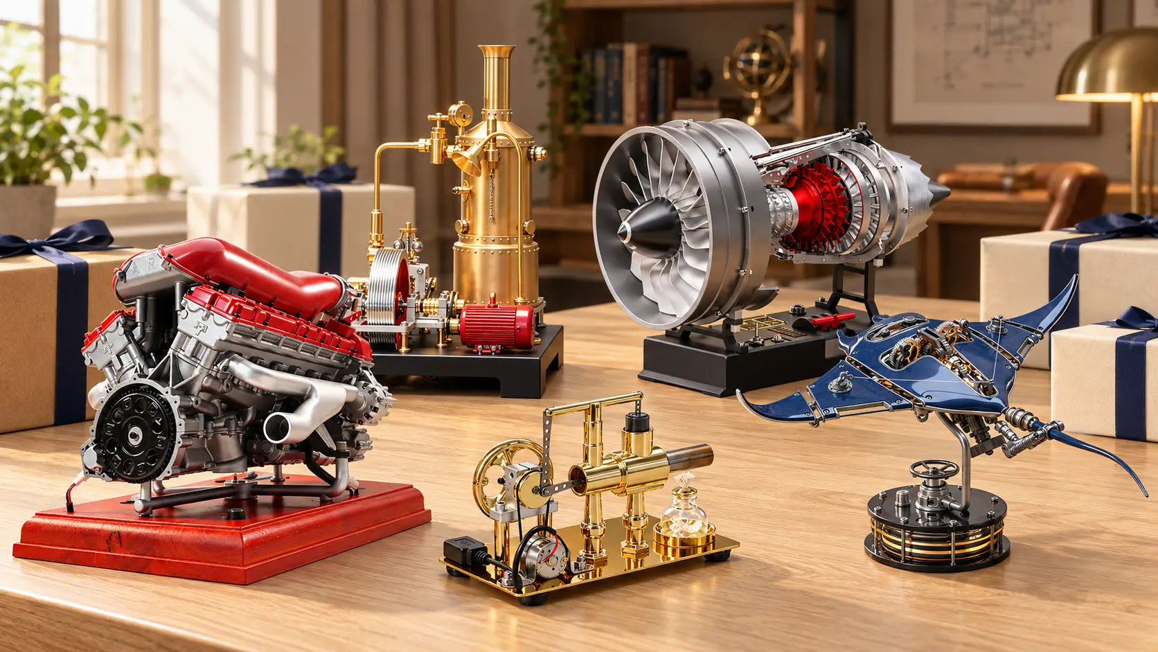 Car engine, steam engine, turbofan, Stirling engine and mechanical manta ray models arranged with gift boxes on a wooden table.