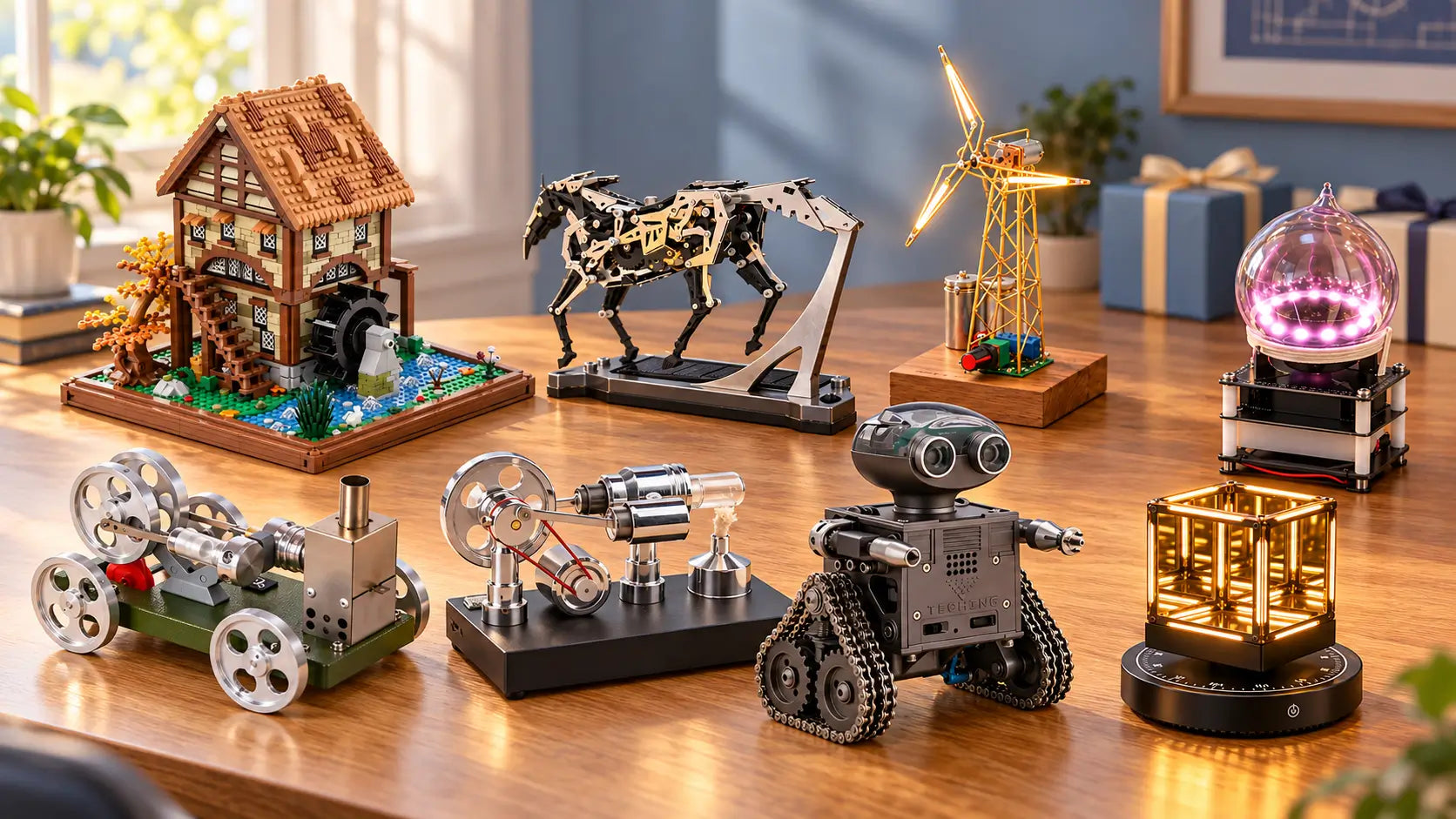 Building-block house, mechanical horse, tracked robot, engine models and glowing desk lights arranged beside wrapped gifts.