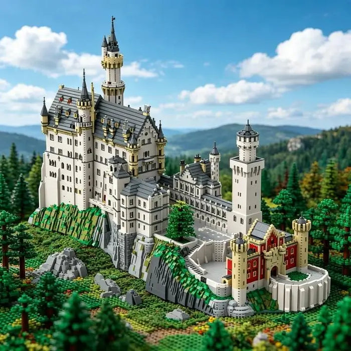 Detailed fantasy castle building block model displayed in a scenic forest landscape with realistic architecture and creative brick design