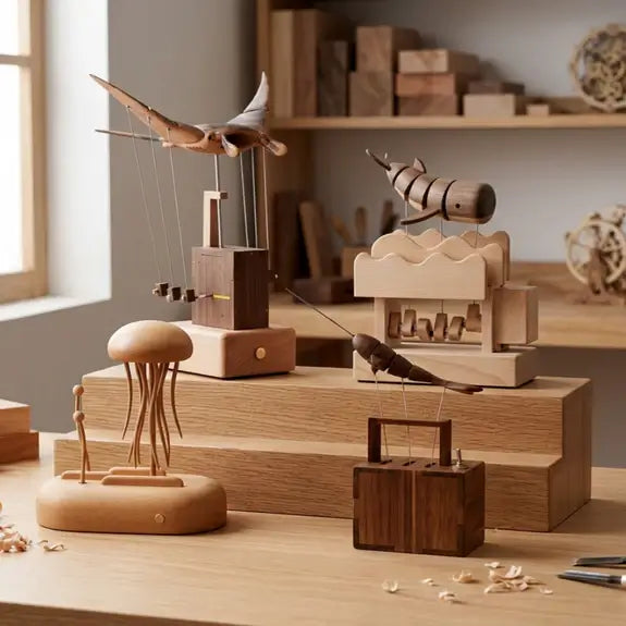 A collection of handcrafted wooden mechanical sculptures featuring flying creatures and kinetic art models displayed on a wooden workspace