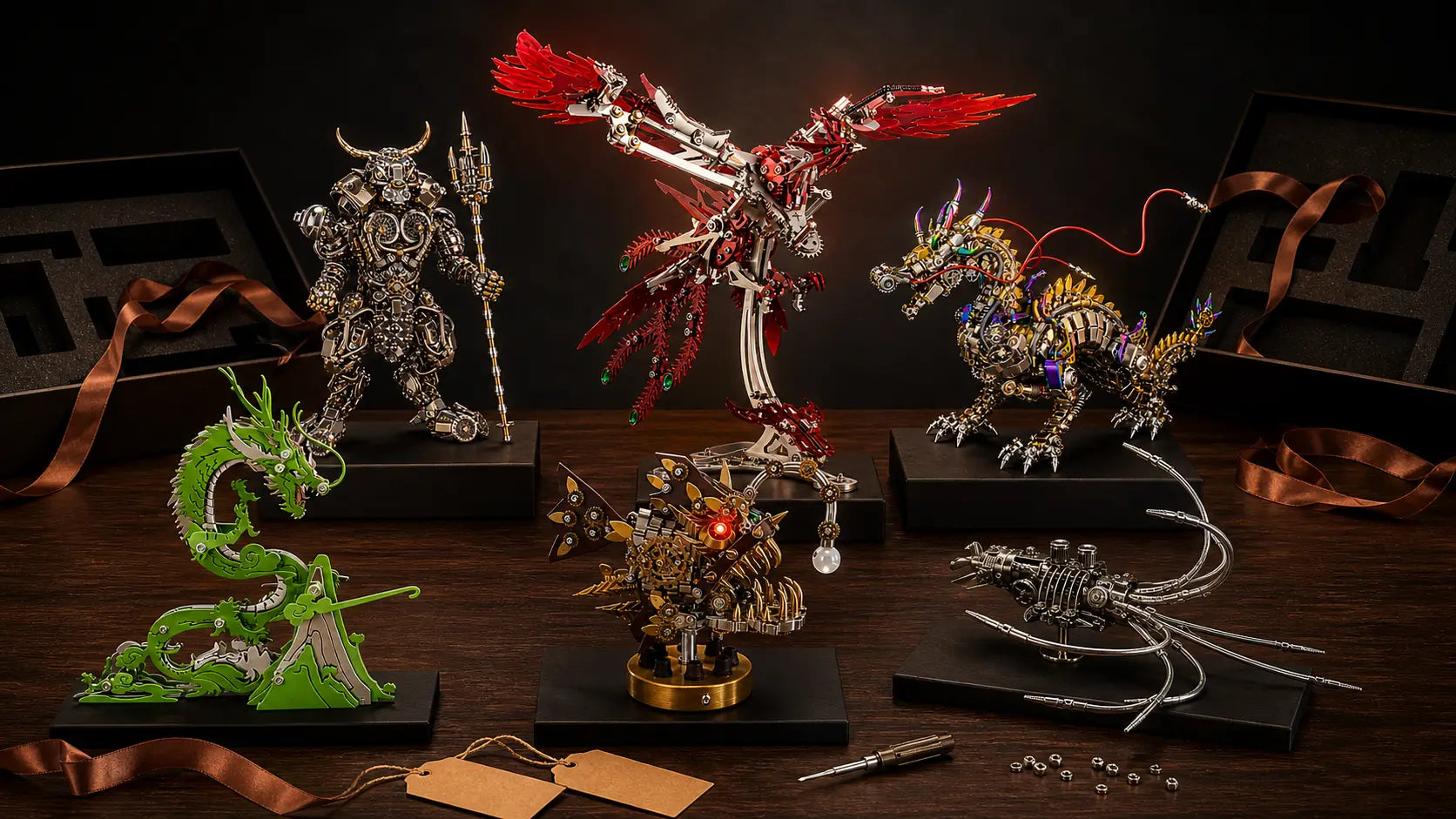 Chinese dragon metal assembly model displayed in a premium gift box with DIY tools and parts
