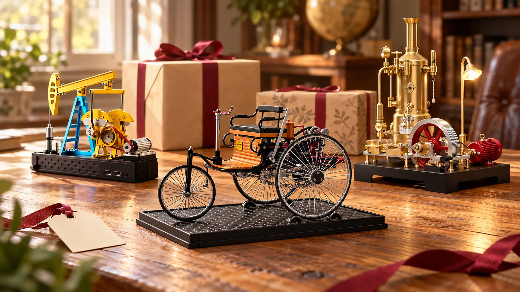Oil pump jack, vintage three-wheel car and steam engine models displayed beside wrapped gifts on a wooden desk.