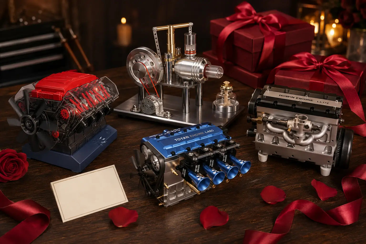 Collection of miniature engine models, including V8, four-cylinder and Stirling engines, arranged with red Valentine’s gift boxes, ribbons and rose petals.