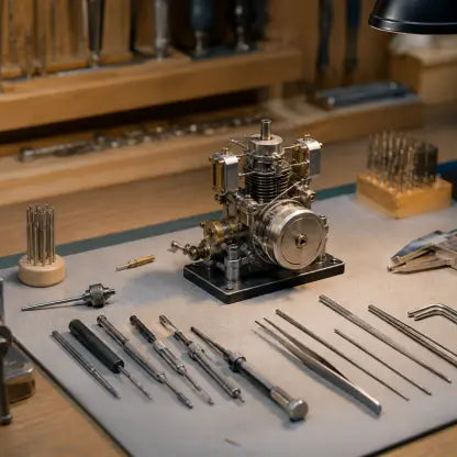 A miniature metal engine surrounded by precision tools on a model builder's workbench.