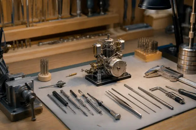 A miniature metal engine surrounded by precision tools on a model builder's workbench.