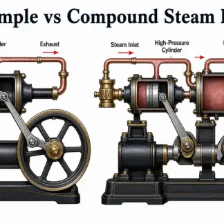 Side-by-side diagram comparing the steam path of a simple steam engine with a compound steam engine featuring high-pressure and low-pressure cylinders, steam inlets, and exhaust outlets.