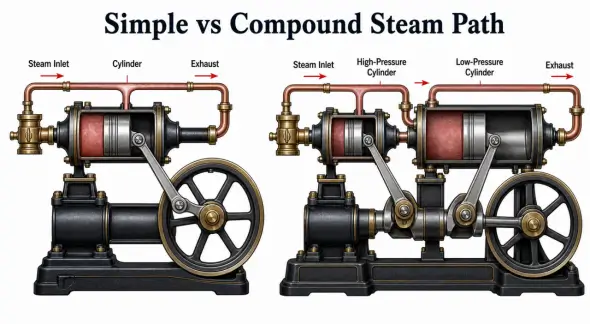 Side-by-side diagram comparing the steam path of a simple steam engine with a compound steam engine featuring high-pressure and low-pressure cylinders, steam inlets, and exhaust outlets.