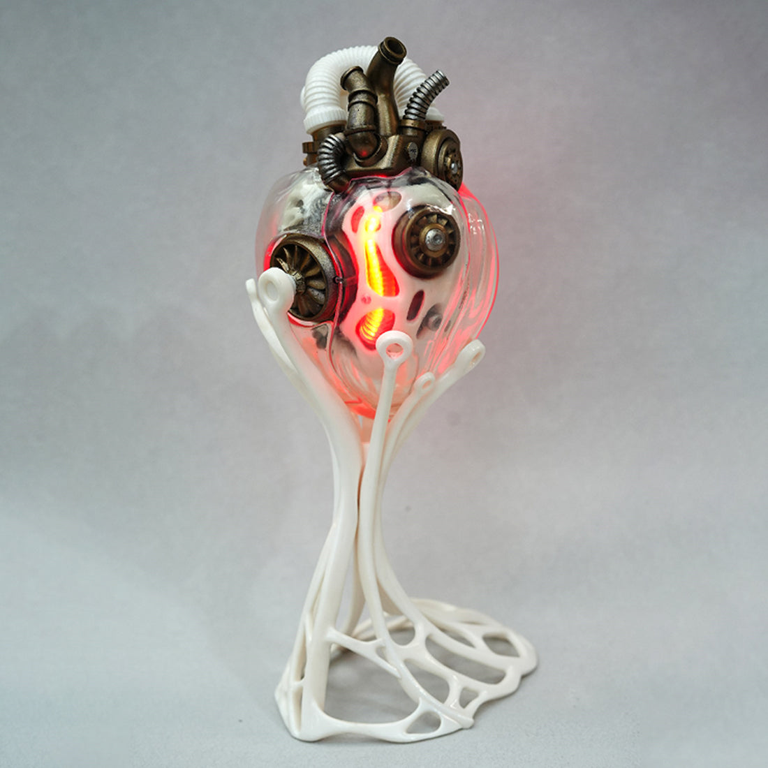steampunk mechanical heart sculpture with remote control led light, industrial desktop decor