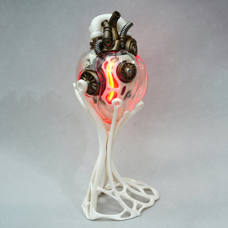 steampunk mechanical heart sculpture with remote control led light, industrial desktop decor