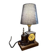 repurposed automotive throttle body steampunk table lamp, industrial desk light with dual led lighting, wood base and linen shade
