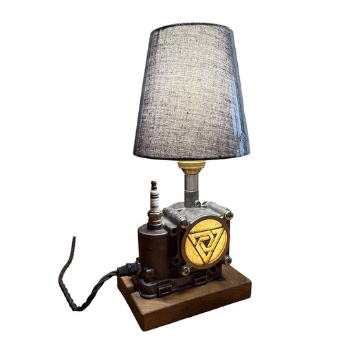 repurposed automotive throttle body steampunk table lamp, industrial desk light with dual led lighting, wood base and linen shade