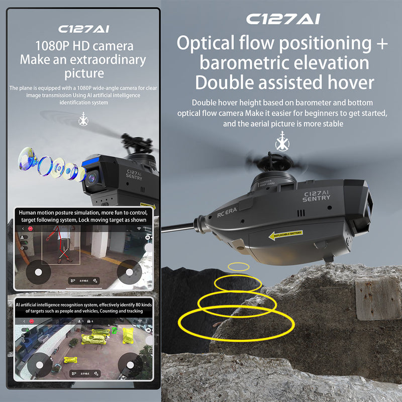 C127AI RC Helicopt, 2.4G RC 4CH Scout Drone Brushless Aircraft Model Without Aileron (RTF Version/Black) - EngineDIY