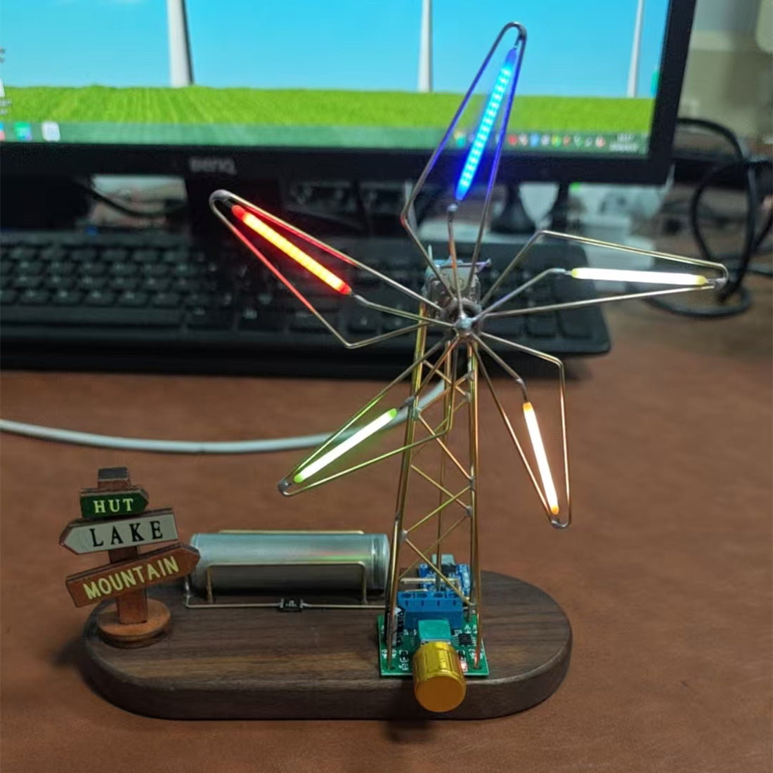 diy metal wire five-vane windmill led lamp kit – hand soldering assembly model