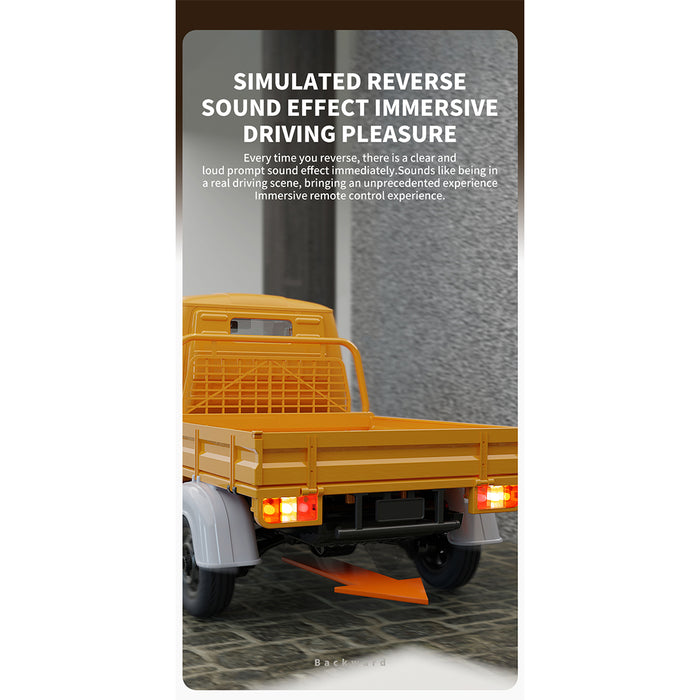 1/10 scale 2.4g full-proportional rc three-wheeler with realistic reverse sound, synchronized lights and adjustable gears