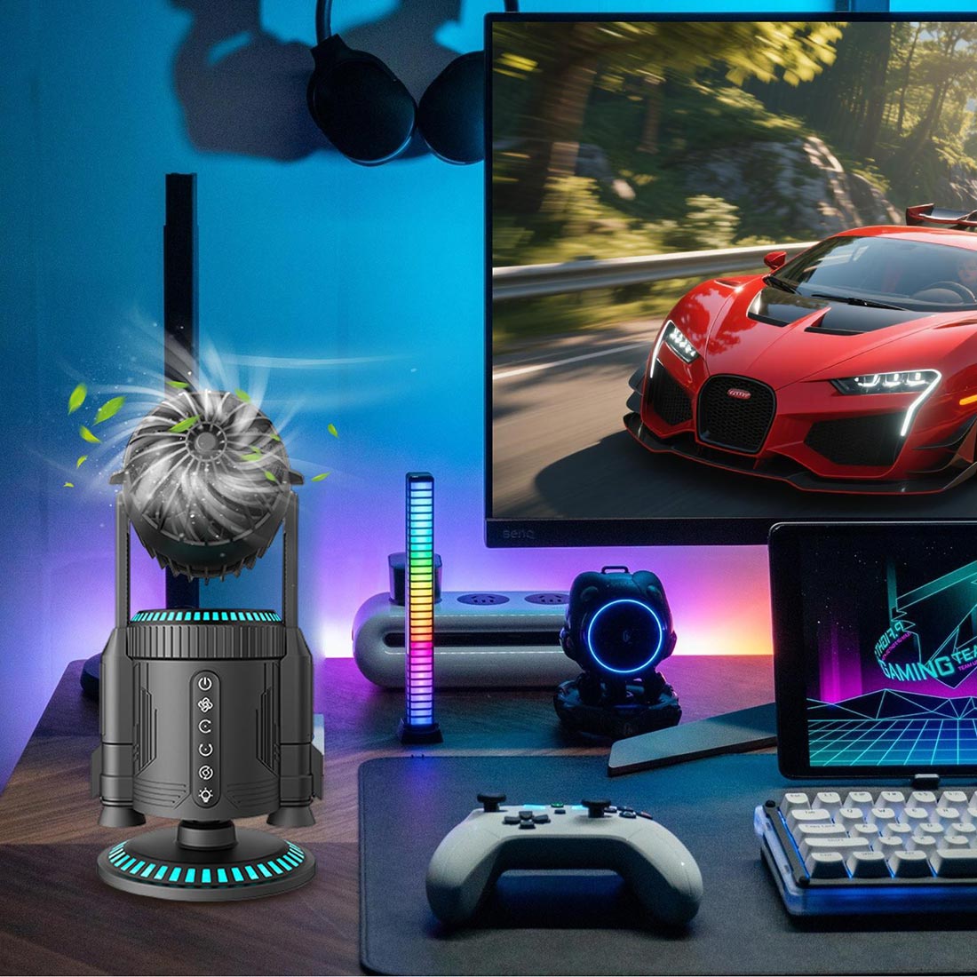 rocket-style desktop fan with dual mist spray & rgb lights - ultra-quiet tech decor for office