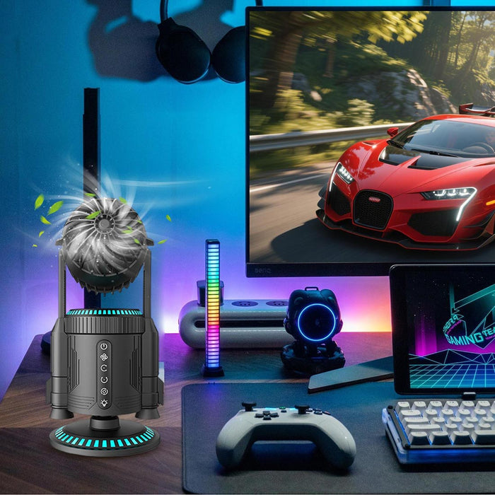 rocket-style desktop fan with dual mist spray &amp; rgb lights - ultra-quiet tech decor for office