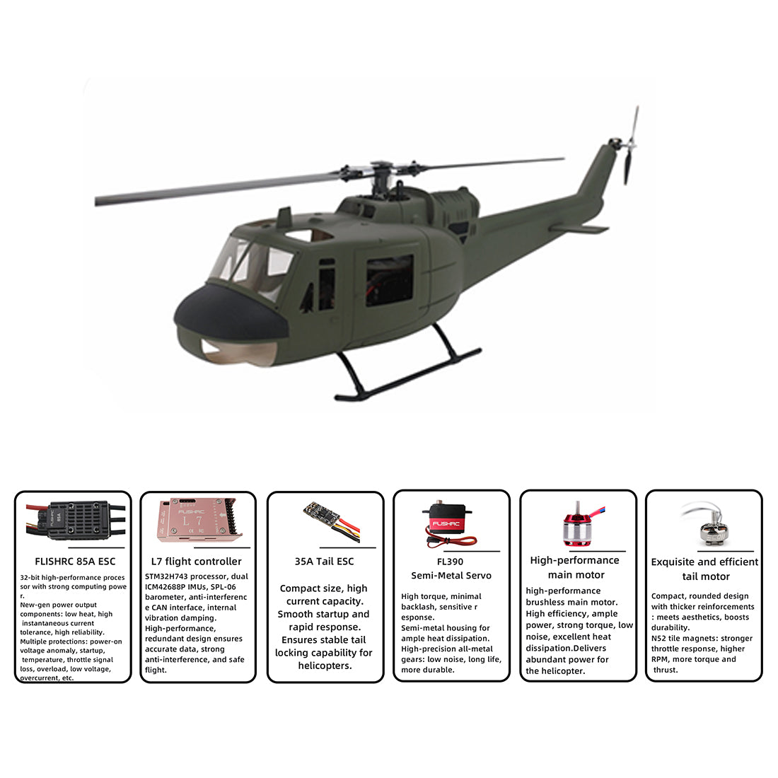 flishrc fl500 uh-1 huey 500-class 2.4g 6ch scale rc helicopter with l7 flight controller & 4-mode gps positioning
