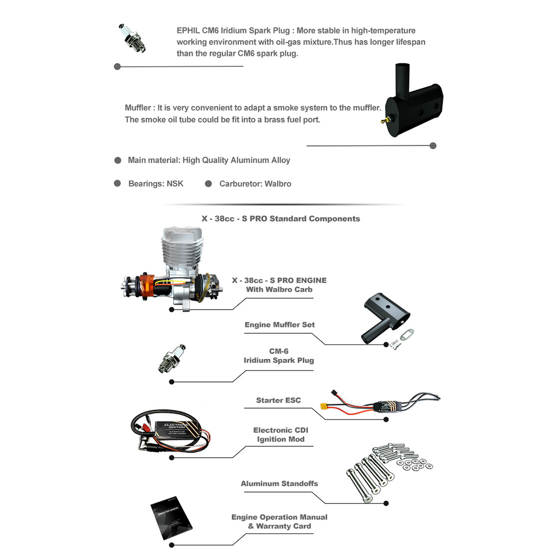 EPHIL X-38cc-S Pro Electric Startar Spark Plug Gasoline Engine Model ...