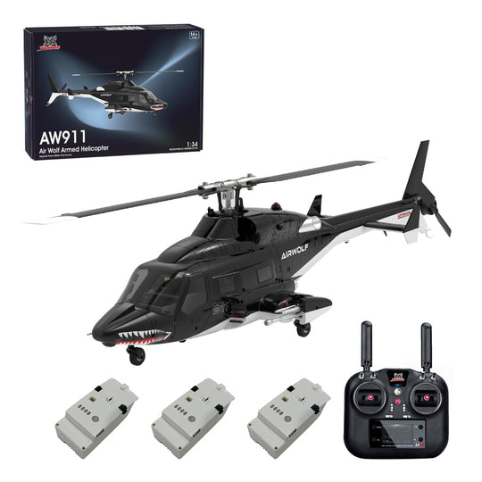 WOLFBUSH AW-911 Airwolf 1/34 Scale 2.4G 9CH Flybarless RC Helicopter Model with 6G/3D Stunt Mode and GPS Positioning