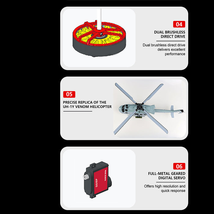 goosky e2 uh-1y 2.4g rc 6ch dual brushless direct drive scale aerobatic gts flight control helicopter model