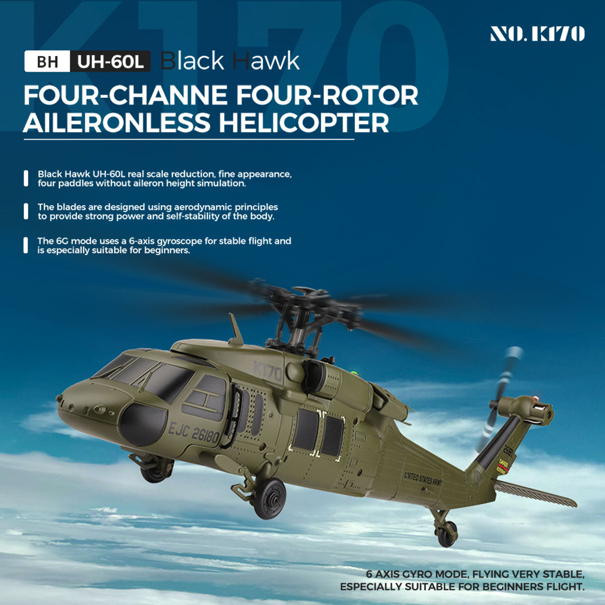 WL K170 Black Hawk UH-60L 170 Size 2.4G 4CH Flybarless RC Helicopter with Adjustable Left and right Hand Throttle (RTF Version)