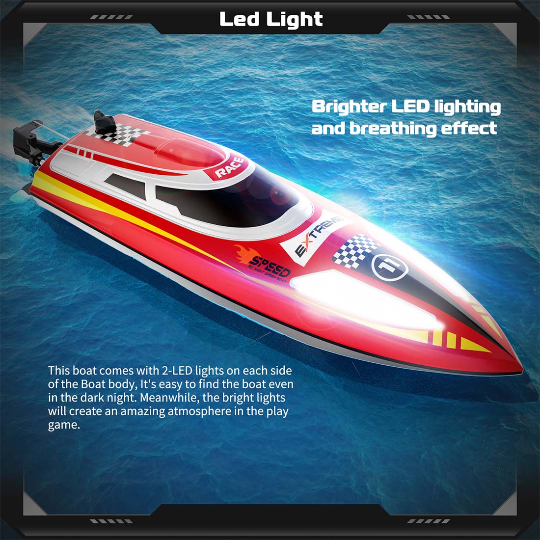 2.4ghz Remote Control Speedboat - 30km/H High-Speed Electric Racing Boat With Led Night Lights