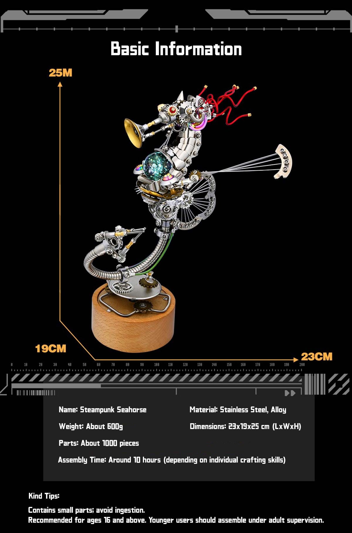 3D Metal Steampunk Seahorse Music Box Assembly Model Kit - EngineDIY