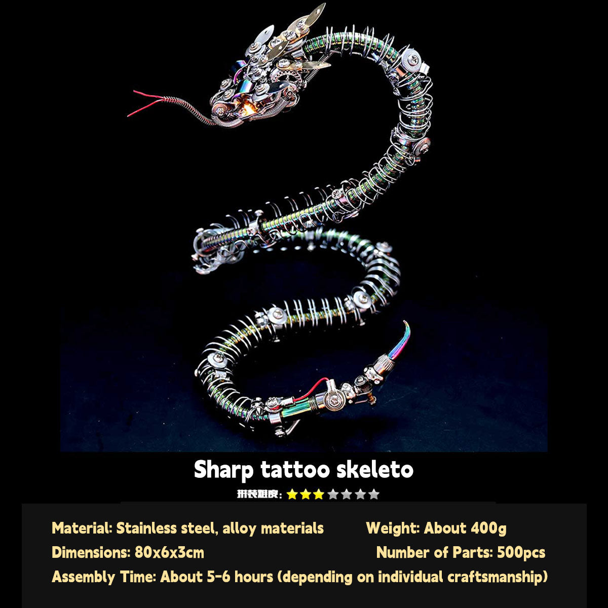 3d metal mechanical spiky blue-green snake assembly model kit