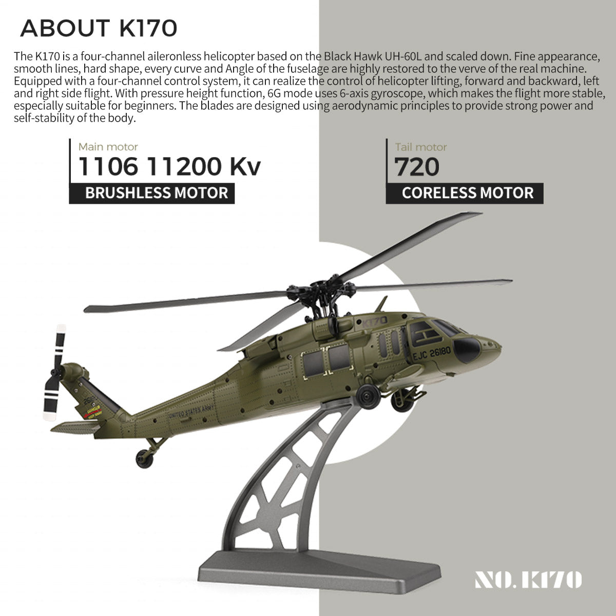 WL K170 Black Hawk UH-60L 170 Size 2.4G 4CH Flybarless RC Helicopter with Adjustable Left and right Hand Throttle (RTF Version)