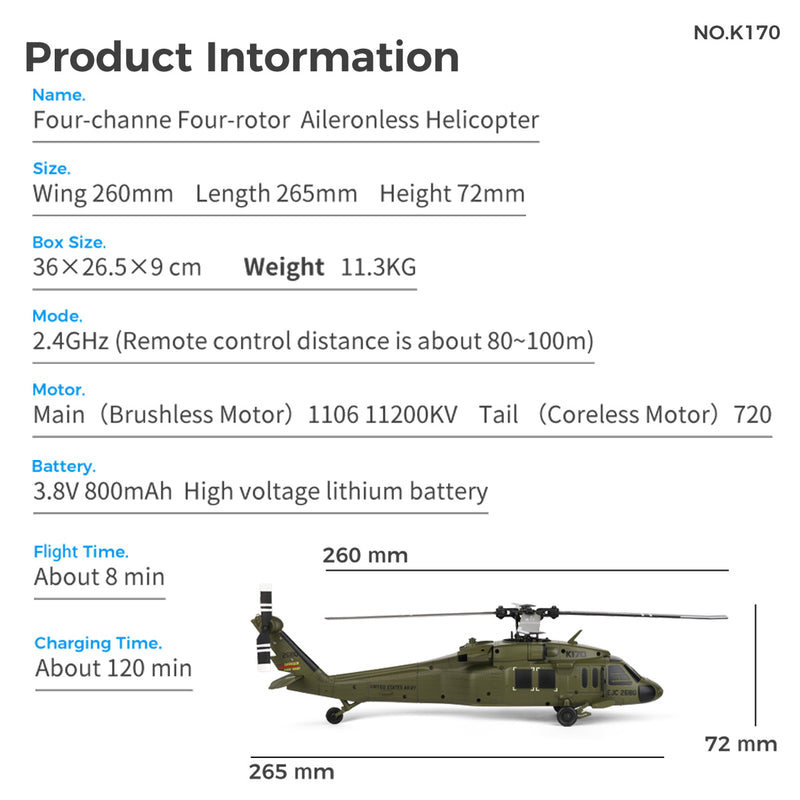WL K170 Black Hawk UH-60L 170 Size 2.4G 4CH Flybarless RC Helicopter with Adjustable Left and right Hand Throttle (RTF Version)