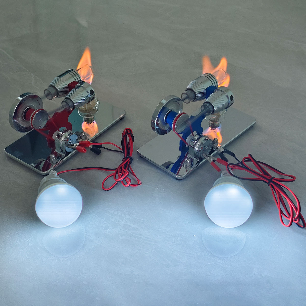 ENJOMOR γ-Type Mirror-Reflective Thermal Air Stirling Engine Generator Model with LED Bulb String