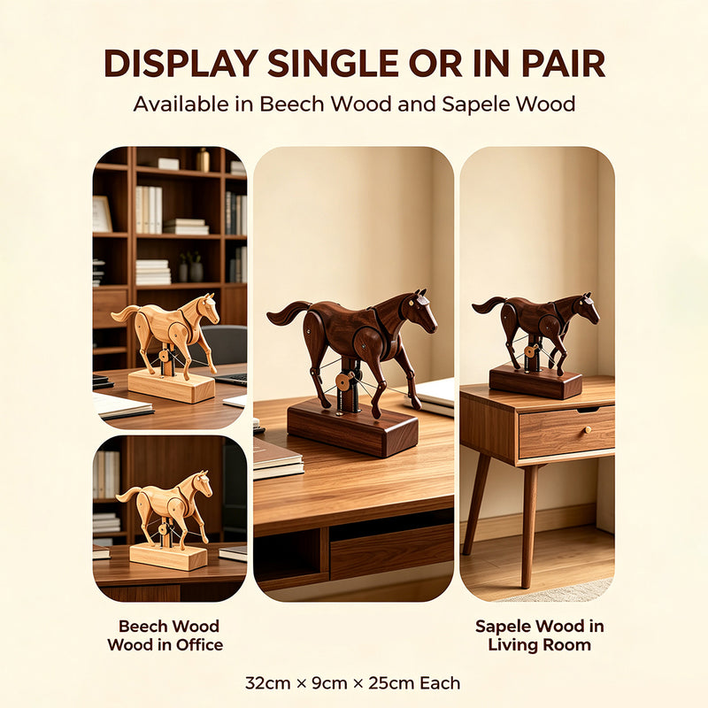 wooden mechanical horse automaton model, handcrafted dynamic horse sculpture with moving limbs & tail, desktop art decor (assembled)