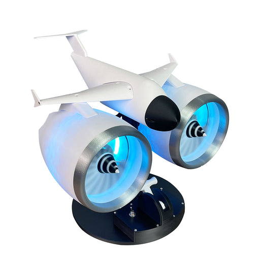 3D Printed Twin Turbo Jet Engine Desktop Fan with LED Light, Adjustable Speed Aviation Display Model