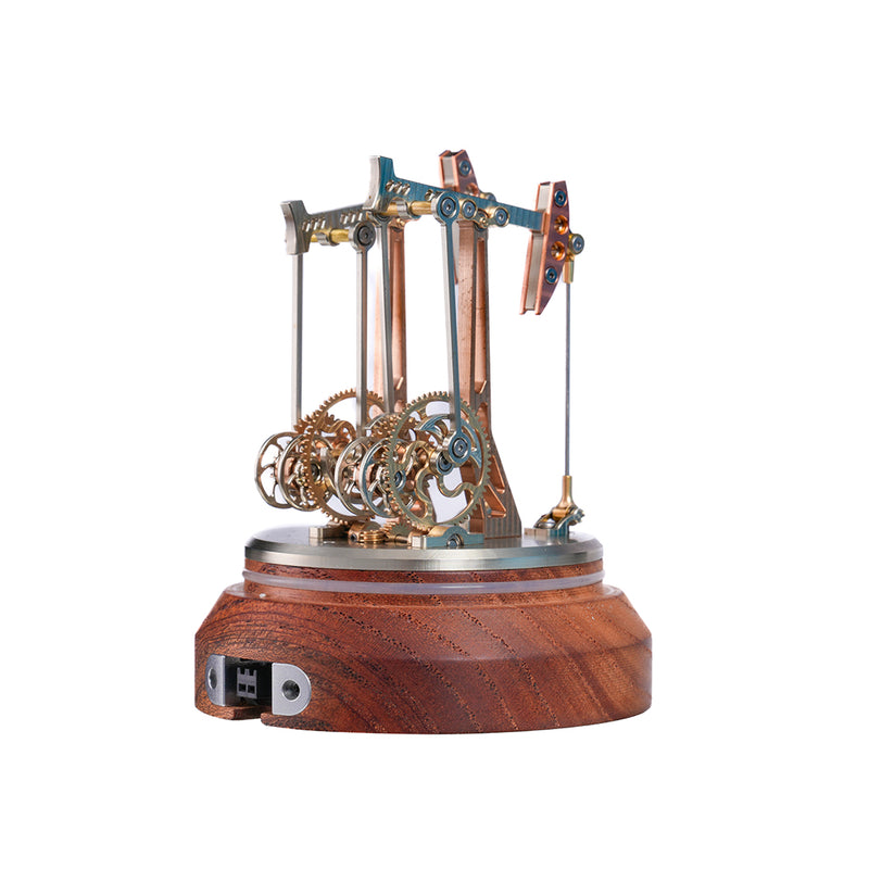 3d metal dynamic double-head oil pumping unit model, vintage gear-driven oilfield machinery with glass cover & wood base (finished)