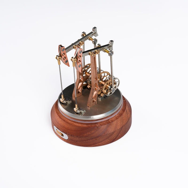 3d metal dynamic double-head oil pumping unit model, vintage gear-driven oilfield machinery with glass cover & wood base (finished)
