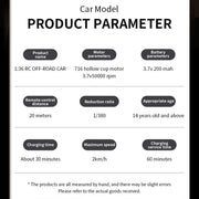 1/36 scale 2.4g 4wd proportional rc off-road car – led lights, long battery life