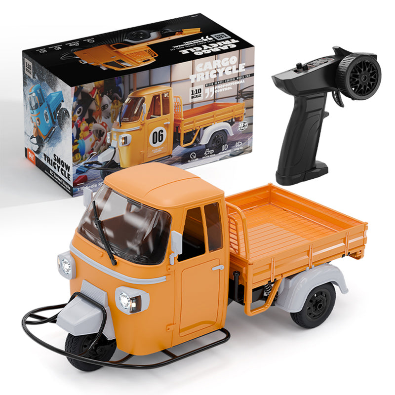 1/10 scale 2.4g full-proportional rc three-wheeler with realistic reverse sound, synchronized lights and adjustable gears