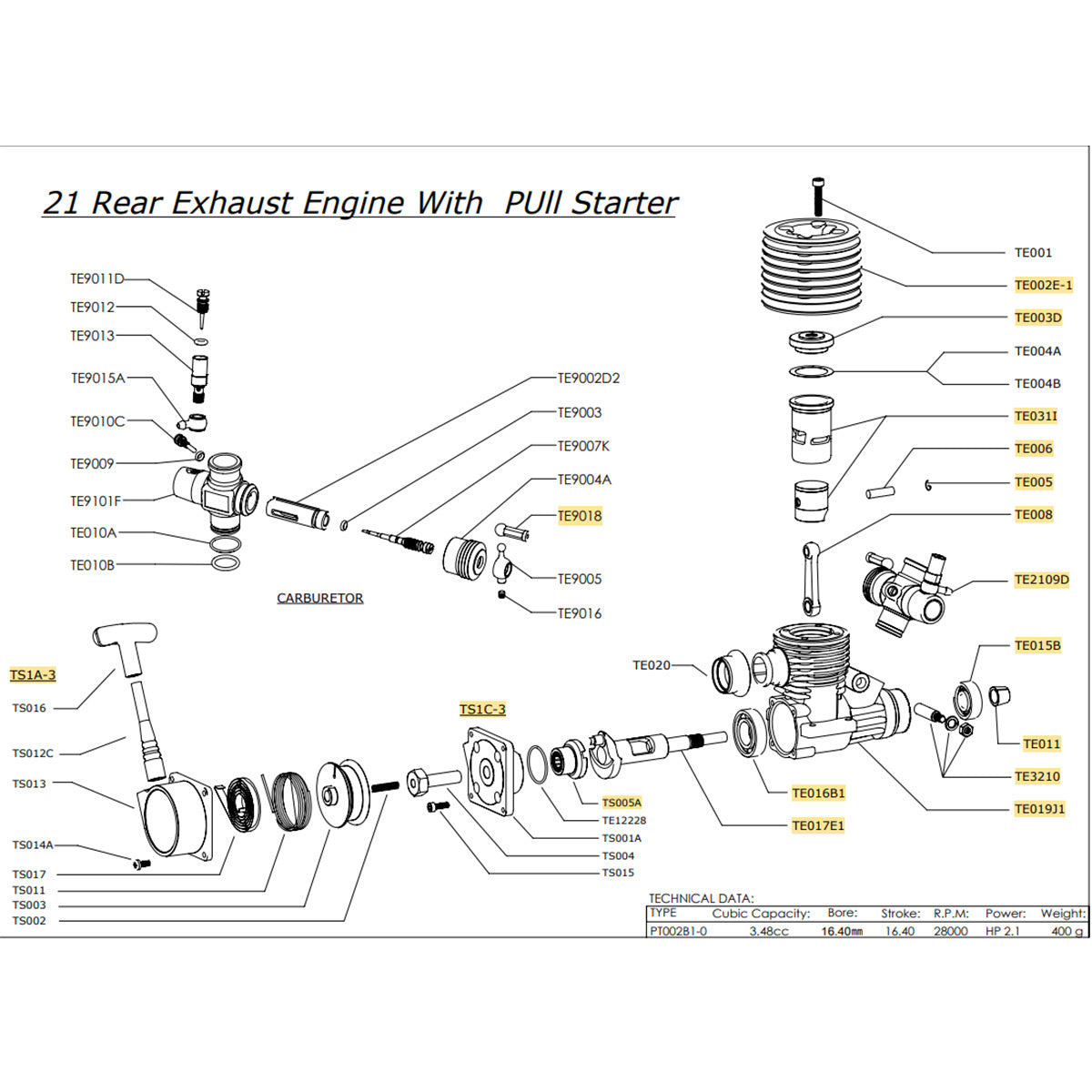VRX SH.21 3.48cc Rear Exhaust Engine Model with PUI Starter for 1/8 Scale Methanol Fuel-Powered RC Car