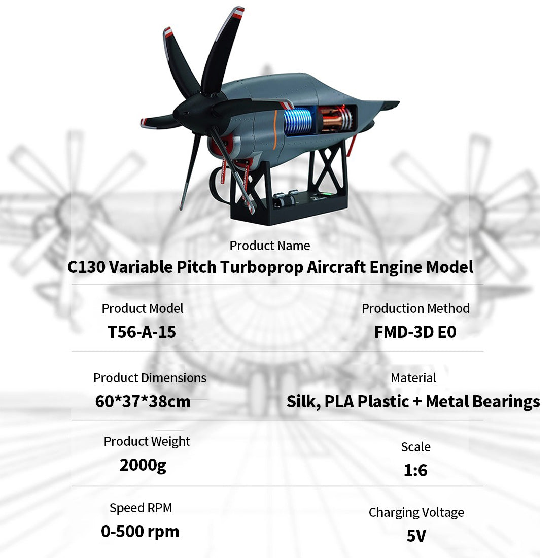 1/6 Scale C130 FMD 3D-Printed Variable-Pitch Turboprop Engine Model, STEM Educational Tool