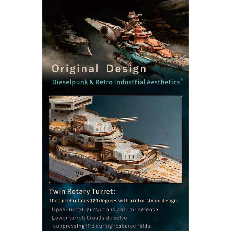3d wooden mechanical space battleship model kit, vintage industrial style collectible display (912pcs)