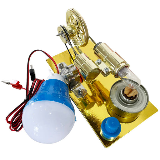 Metal Gamma Hot-Air Stirling Engine Model with LED Colored Lights Educational Toys Gifts (Golden)