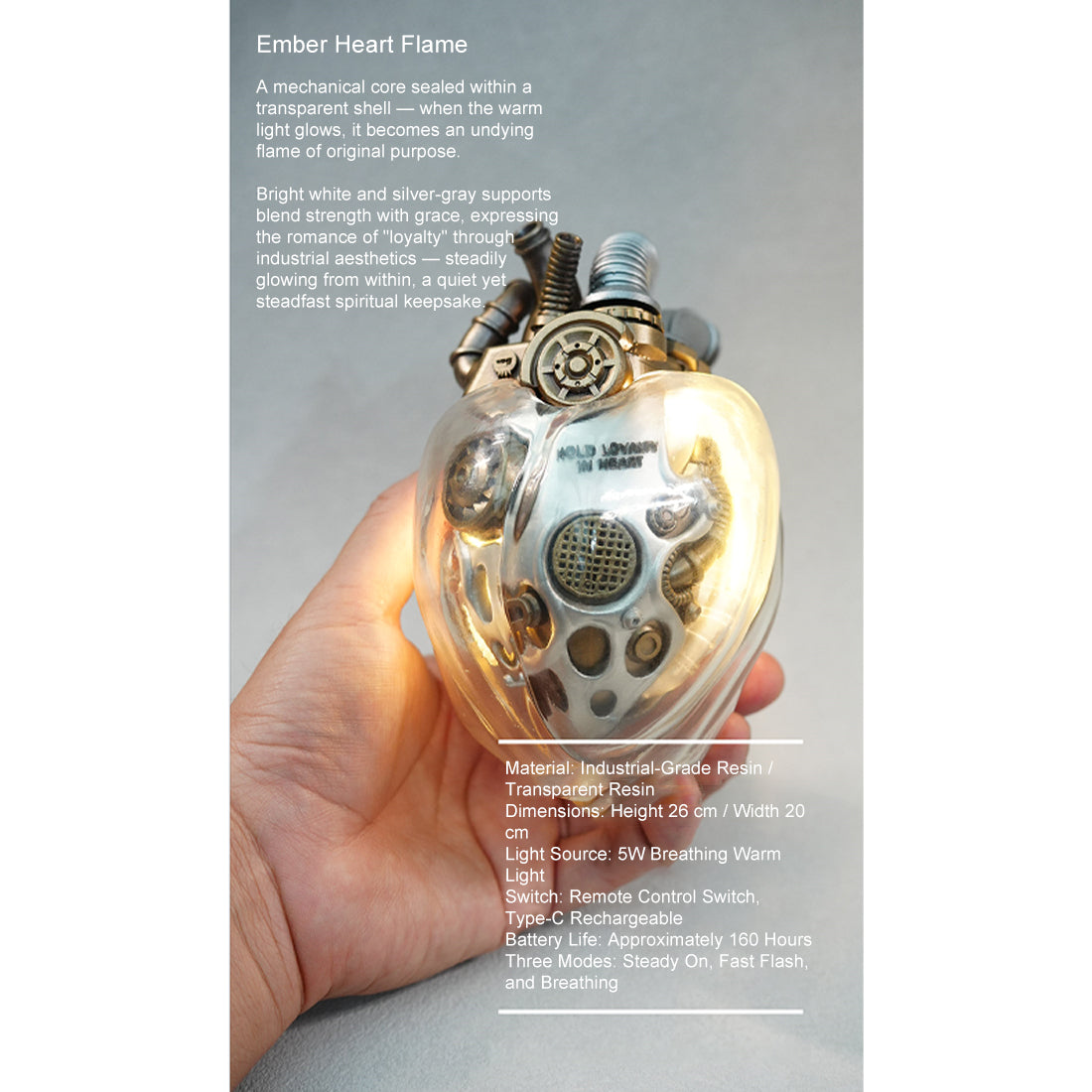 steampunk mechanical heart sculpture with remote control led light, industrial desktop decor