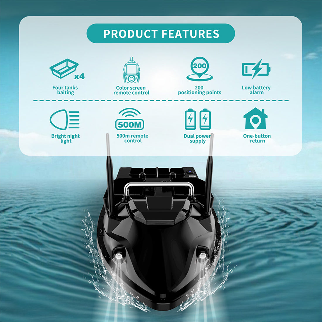 v803 rc bait boat - 4-compartment, dual antenna, 4 fishing zones, 200 waypoints