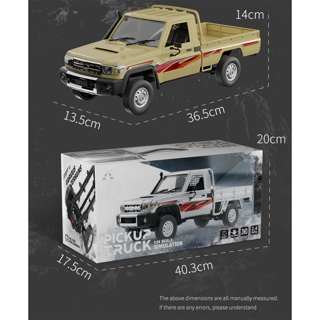 1/14 scale 2.4g full-proportional rc pickup truck with independent suspension and adjustable gear settings