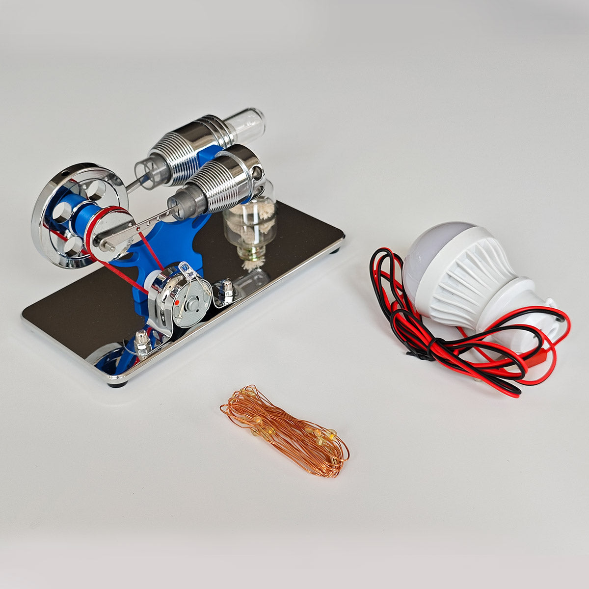 ENJOMOR γ-Type Mirror-Reflective Thermal Air Stirling Engine Generator Model with LED Bulb String