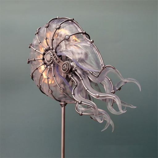 steampunk mechanical nautilus sculpture with remote control led light, industrial desktop decor