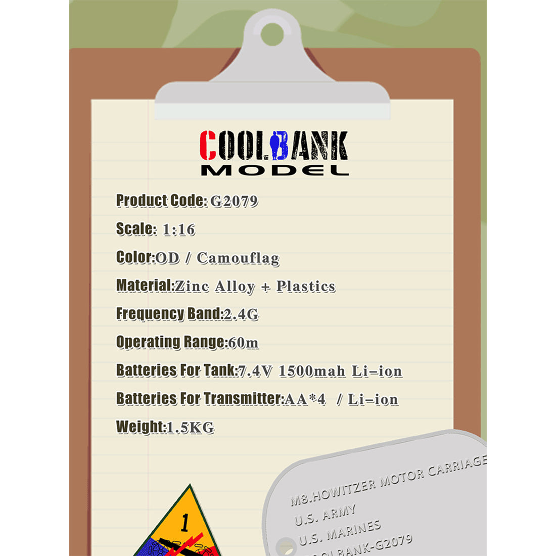 1/16 scale 2.4g u.s. m8 self-propelled howitzer rc tank model with sound and lights, telescoping smoke, dual-speed modes