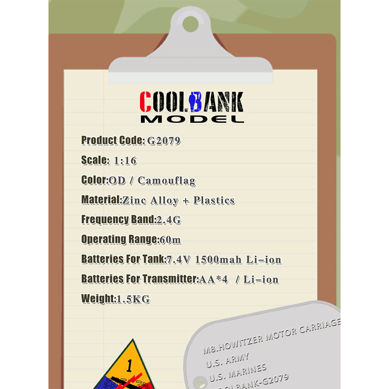 1/16 scale 2.4g u.s. m8 self-propelled howitzer rc tank model with sound and lights, telescoping smoke, dual-speed modes